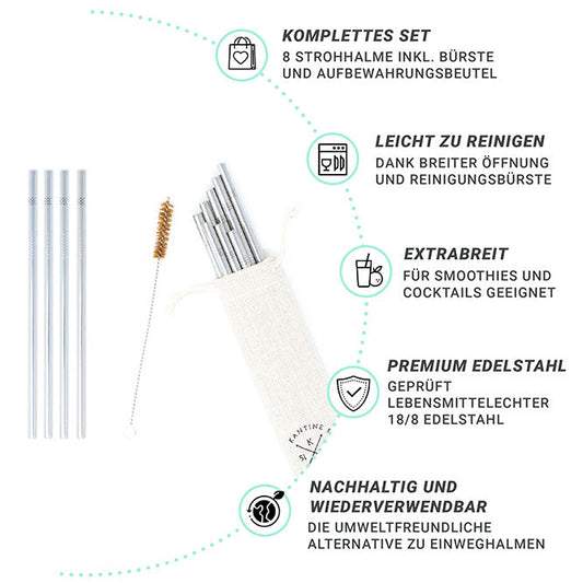 Wiederverwendbare Edelstahl Strohhalme extrabreit 8 Stück