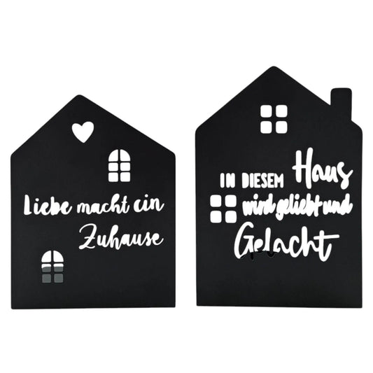 Teelichthalter Haus schwarz 2er Set Kerzenhalter Metall Zuhause Sprüche - Yabubest - Home & More