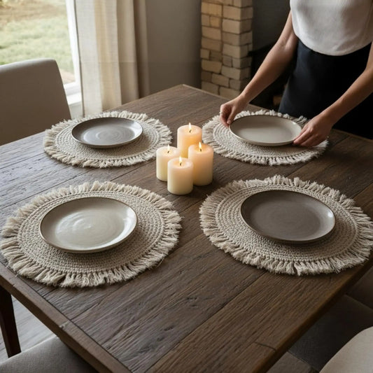 Tischset Makramee Platzset Tischdeko Untersetzer rund boho Deko creme 38 cm - Yabubest - Home & More
