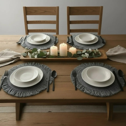 Tischset Makramee Platzset Tischdeko Untersetzer rund boho Deko grau 38 cm - Yabubest - Home & More