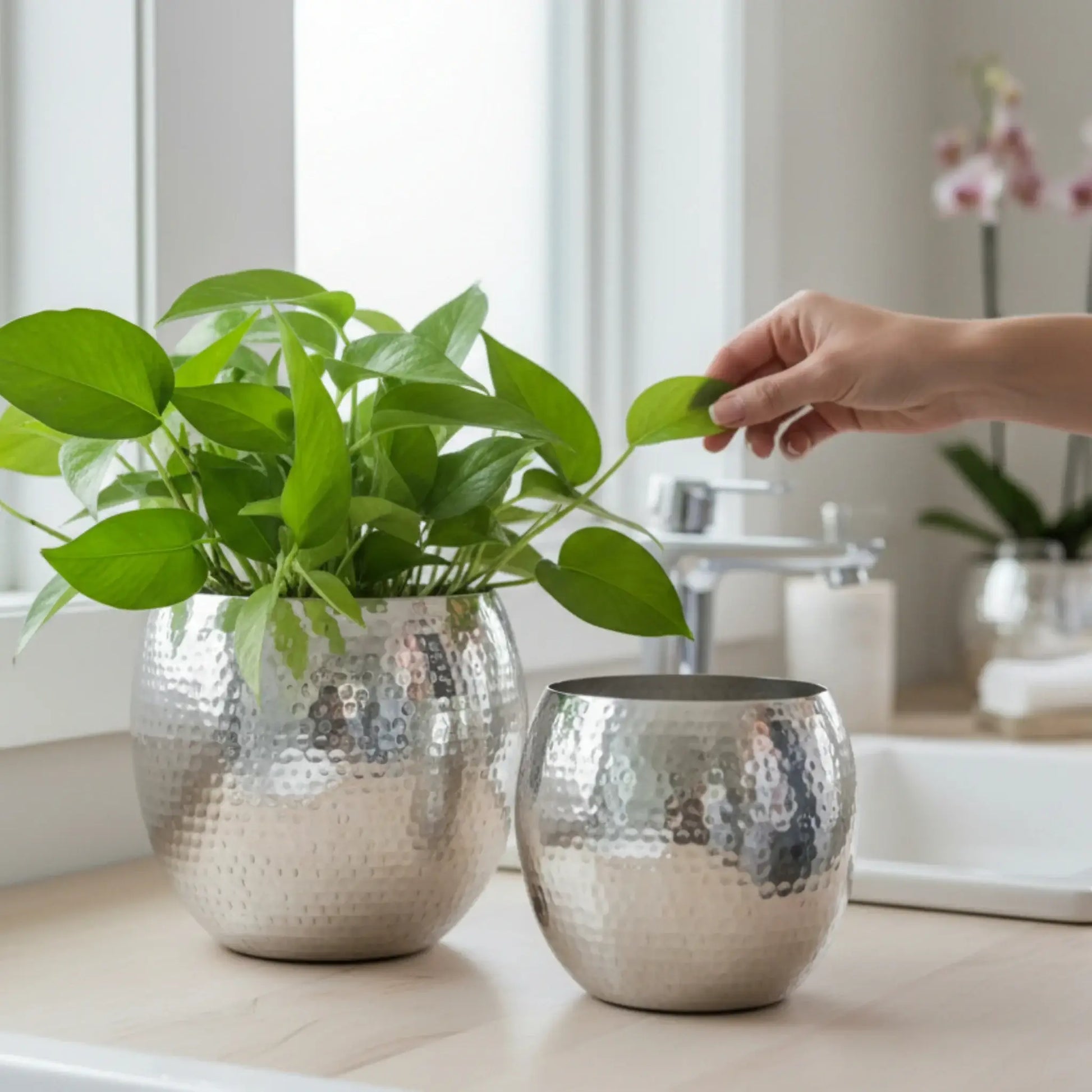 Übertopf Blumentopf Silber Pflanztopf Deko 2er Set glänzend rund Hammerschlag - Yabubest - Home & More