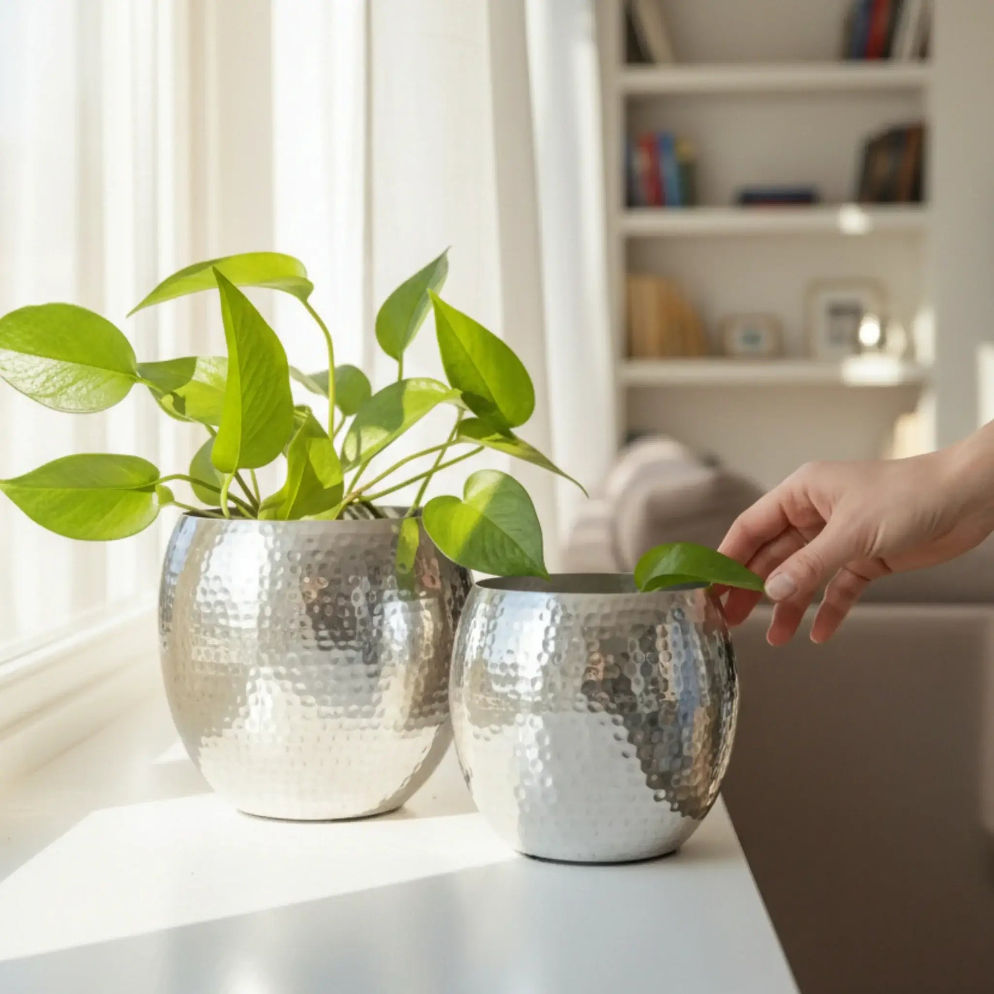 Übertopf Blumentopf Silber Pflanztopf Deko 2er Set glänzend rund Hammerschlag - Yabubest - Home & More