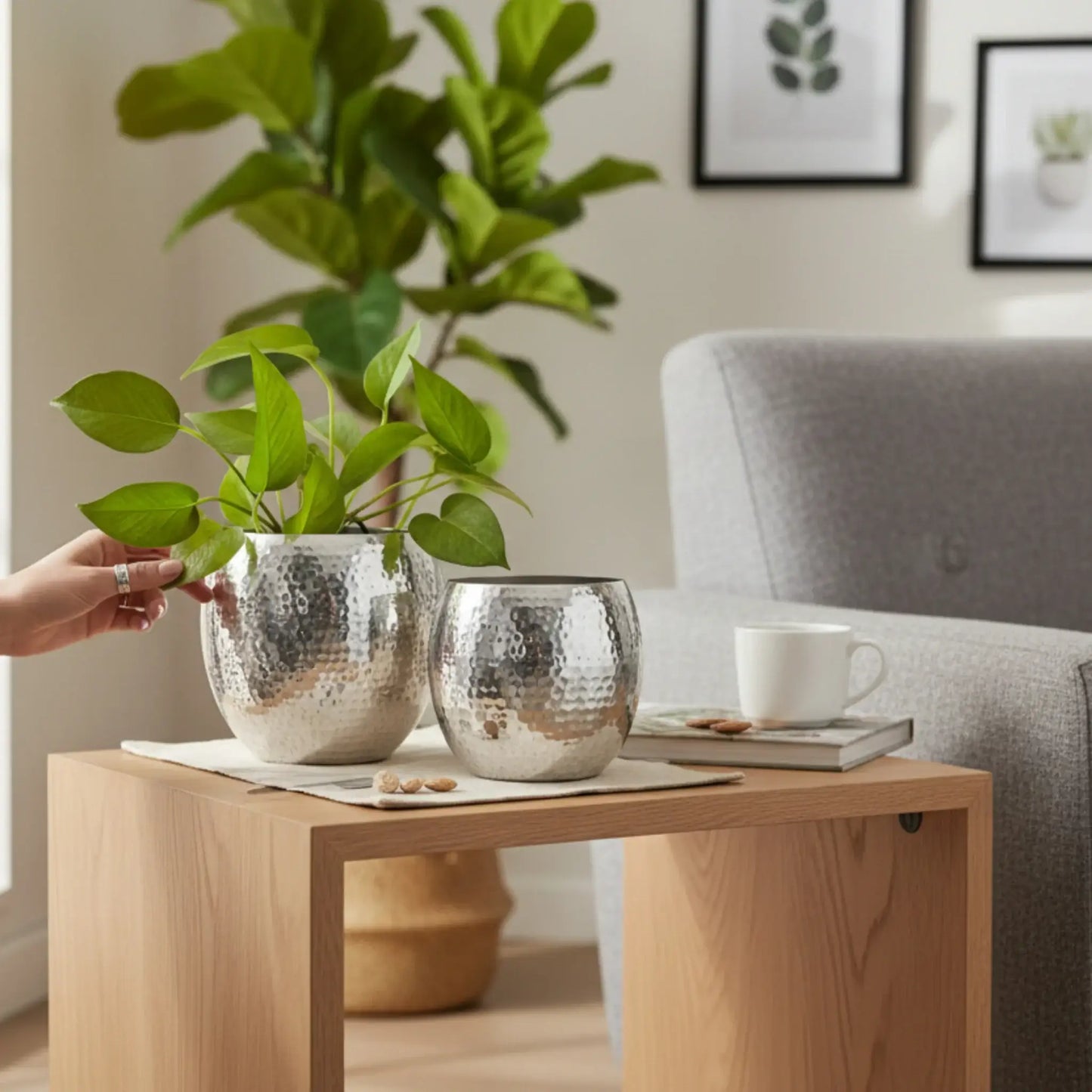 Übertopf Blumentopf Silber Pflanztopf Deko 2er Set glänzend rund Hammerschlag - Yabubest - Home & More