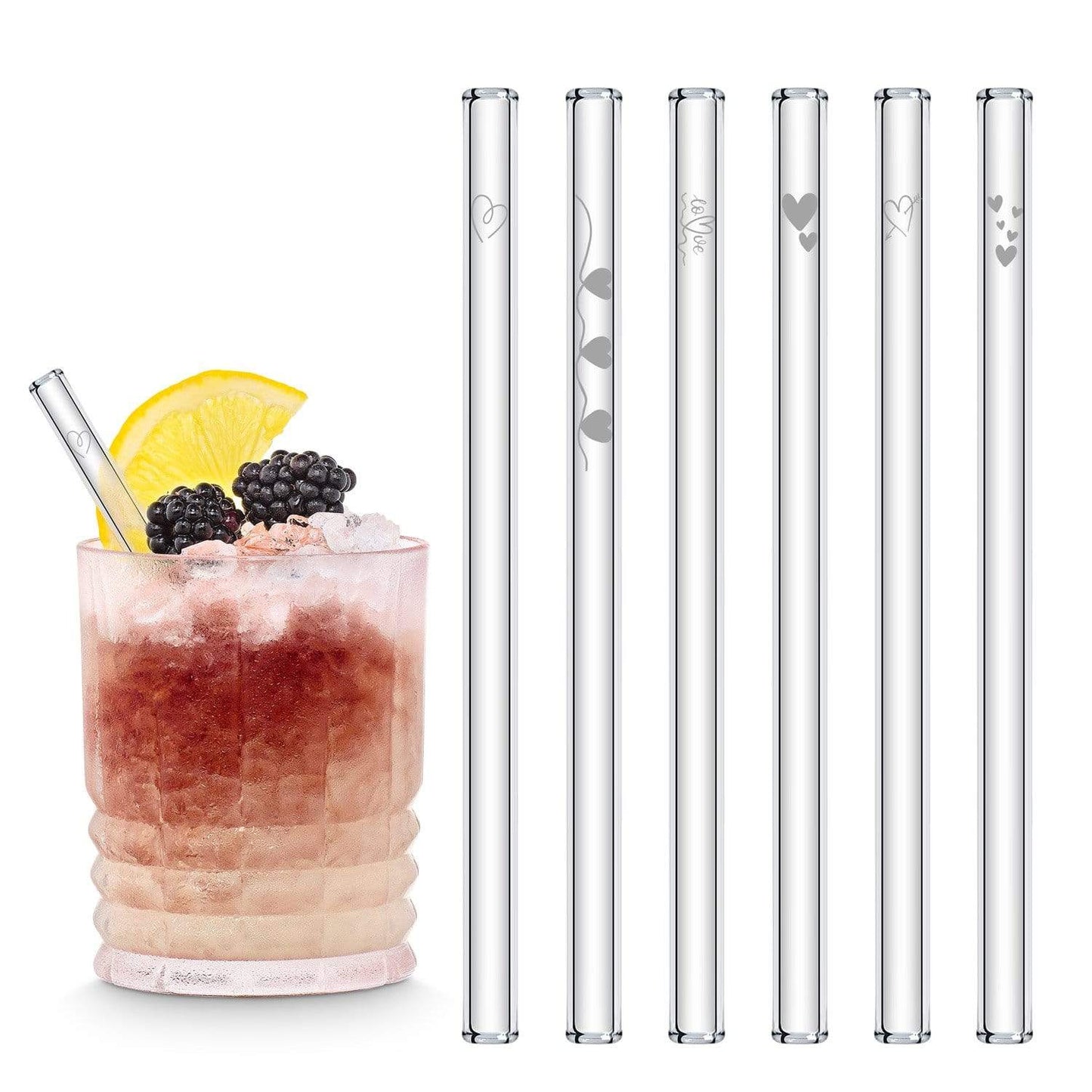Herz Symbol Edition gravierte Glastrinkhalme mit schönen Herzen & Herzchen